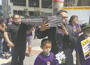 Beauprez clarifies controversial comments on immigration; SEIU, Latino leaders stage mock funeral