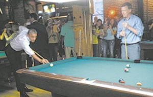 A slice of pizza, a sip of beer, a game of pool...