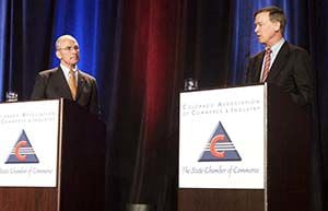 Hickenlooper, Beauprez get down to biz at CACI debate