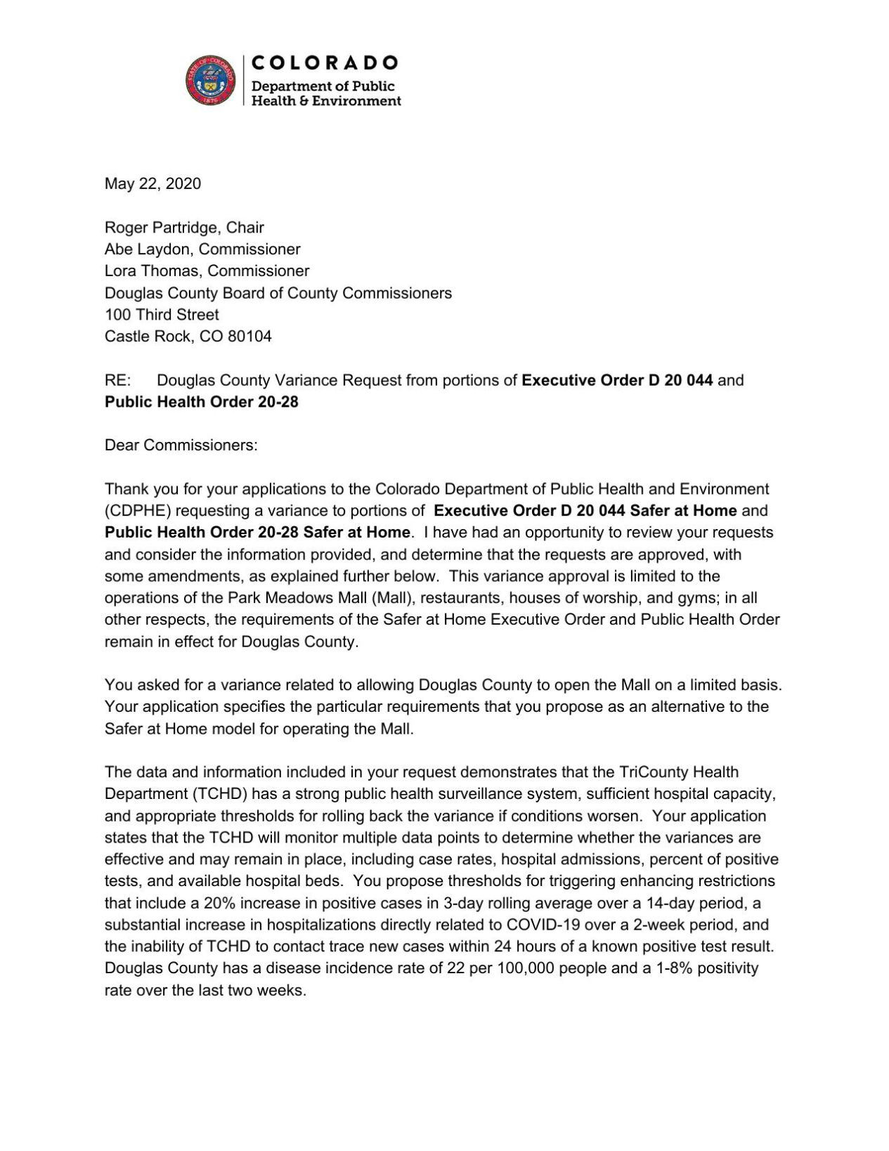 Douglas County gets go-ahead to reopen restaurants, gyms, churches, Park Meadows