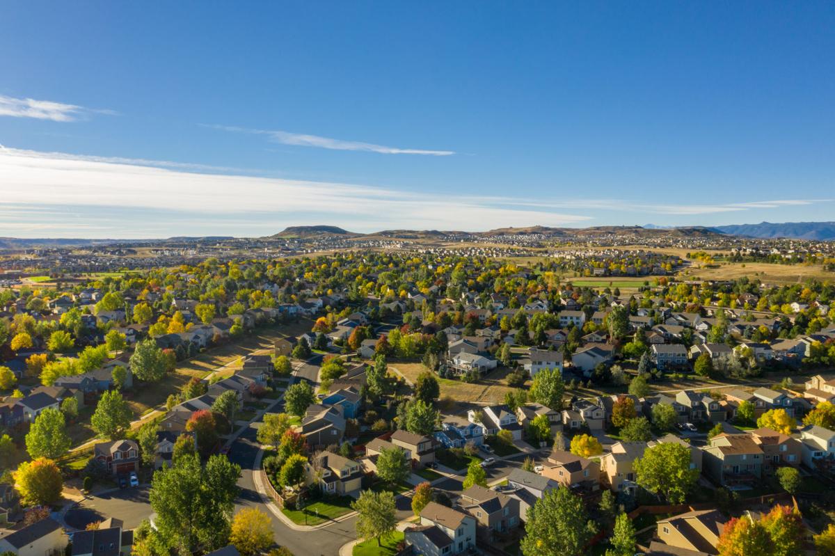Aerial drone image showing small town sprawl outside of Denver Colorado
