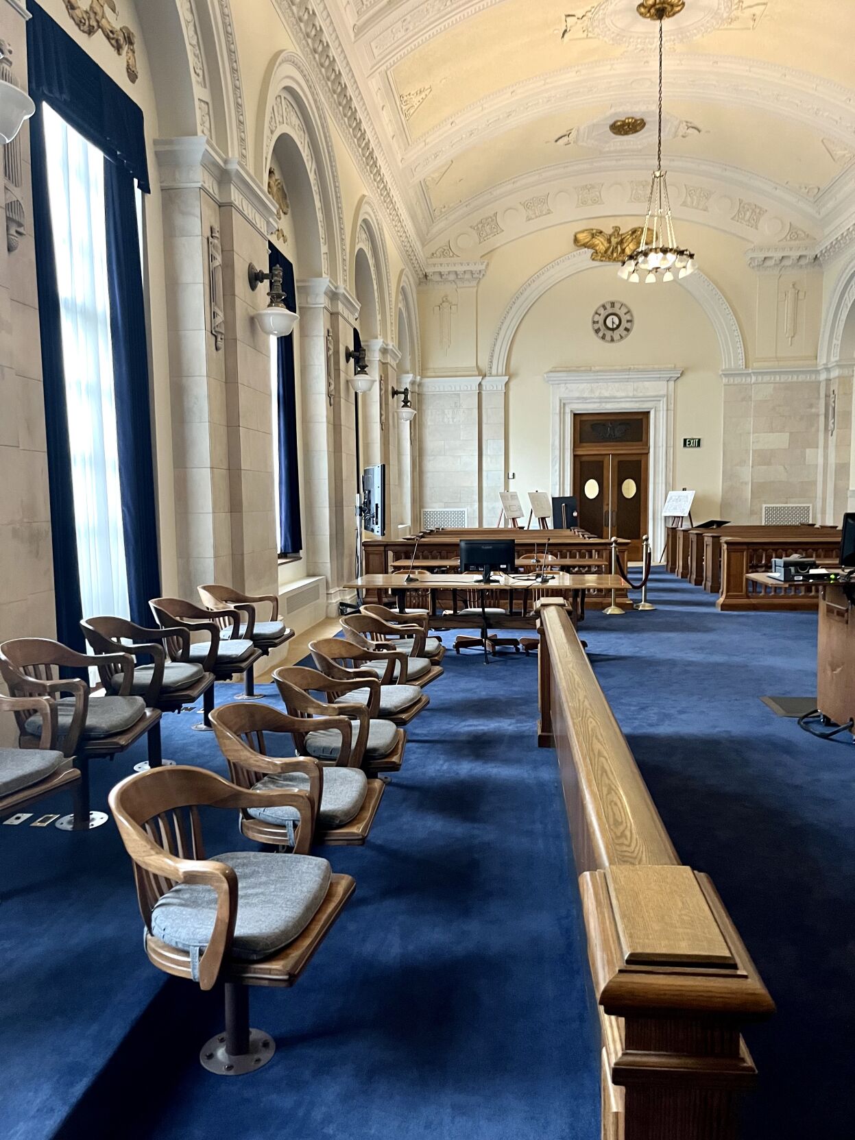 Jury box and gallery in trial courtroom of Byron White courthouse