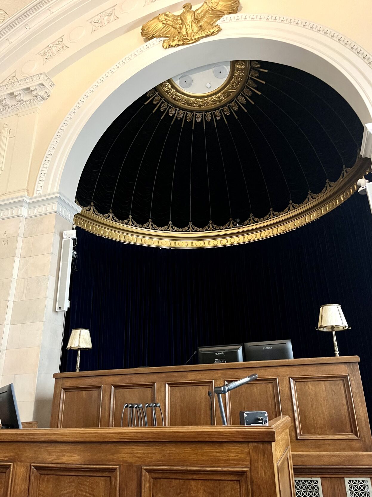 Judge's bench of restored trial courtroom in Byron White courthouse