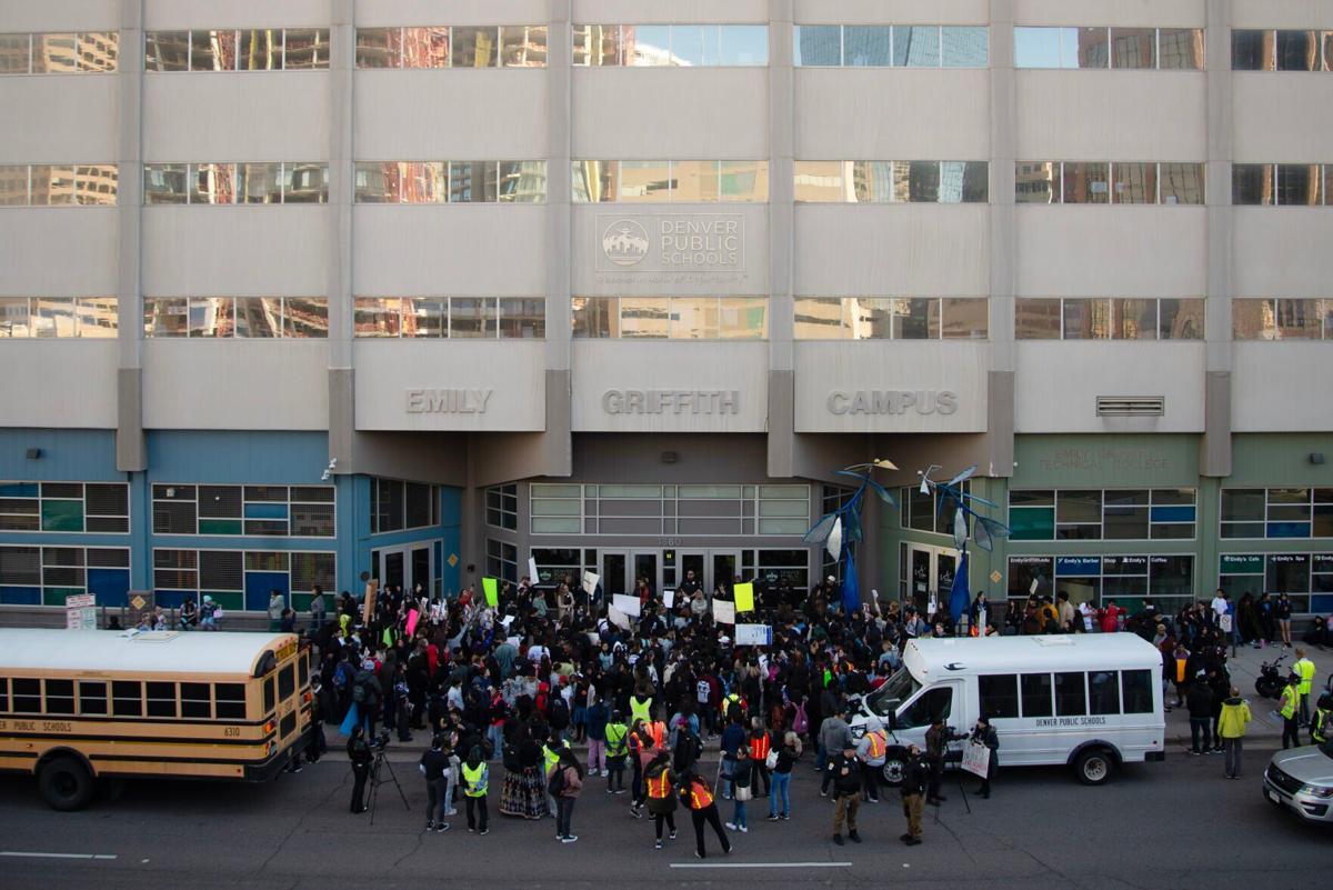 Protesting students crowd in front of the Denver Public Schools Board of Education building