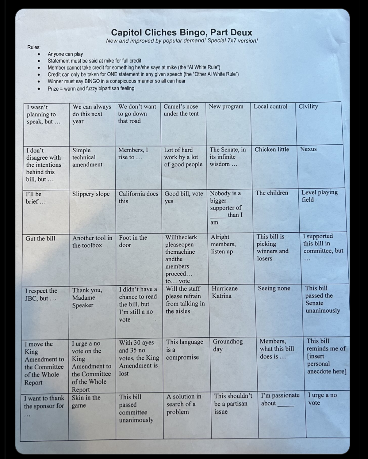 Capitol Cliche Bingo, circa 2000s