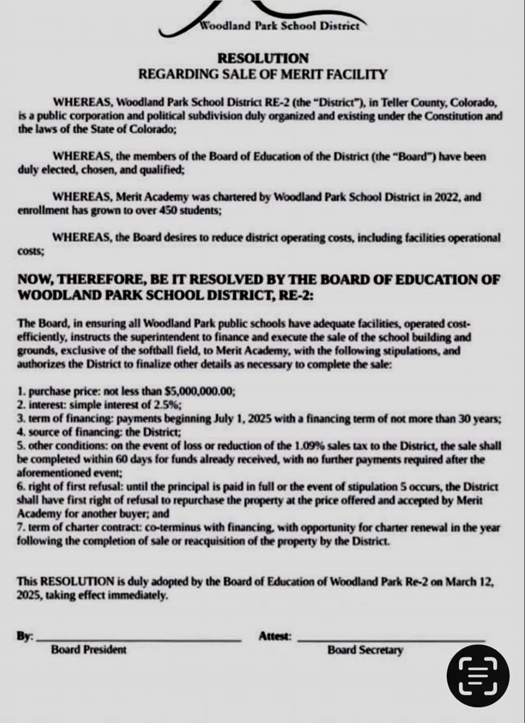 Leaked Woodland Park RE-2 resolution