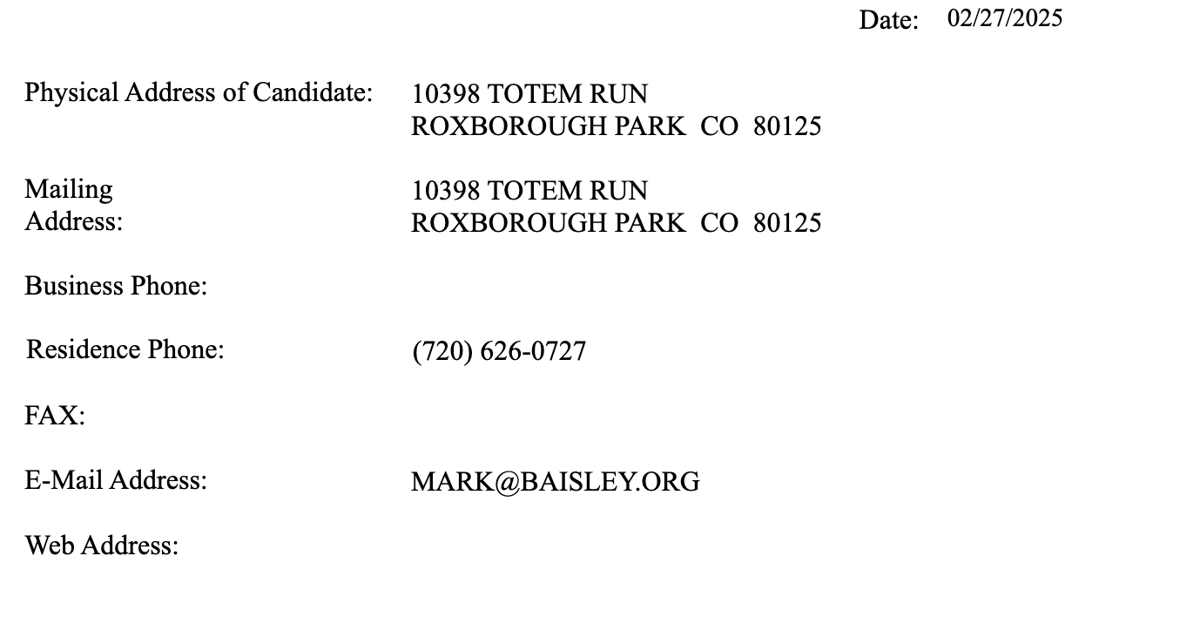 Gubernatorial candidate affidavit Baisley