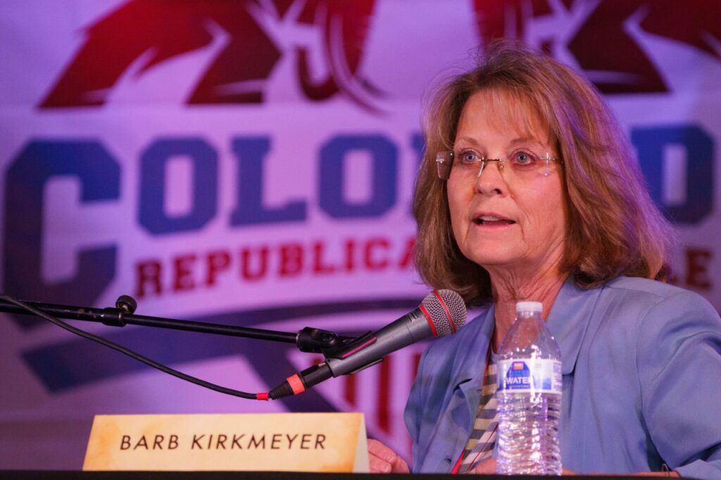 In this file photo, state Sen. Barb Kirkmeyer, a Republican candidate in Colorado's new 8th Congressional District, participates in a primary debates at the Grizzly Rose in Denver on May 21, 2022. (Steve Peterson/Colorado Politics, file)