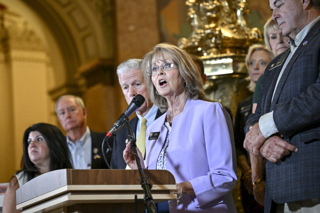 Colorado State Sen. Barbara Kirkmeyer, front, speaks in the rotunda before a special session at the Colorado State Capitol Thursday, Aug. 21, 2025, in Denver. (AAron Ontiveroz/The Denver Post via AP)