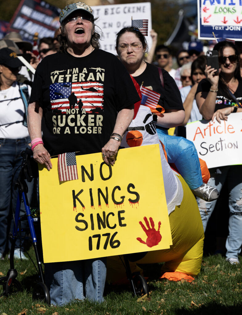 Veteran Sharon Busby from Manitou Springs attends the  No Kings protest Saturday, Oct. 18, 2025,  at America the Beautiful Park in Colorado Springs, Colo. (The Gazette, Christian Murdock)