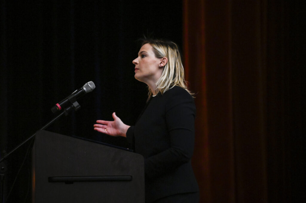 Deputy District Attorney Anya Havriliak, from the Denver District Attorney’s office, presents arguments to the Colorado Supreme Court in the People v. Lulei case at East High School during Courts in the Community on Thursday, Oct. 23, 2025. (Stephen Swofford, The Denver Gazette)