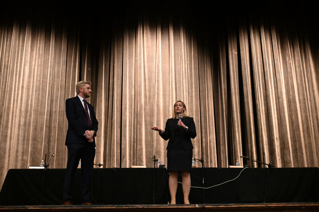 Attorneys Robert Swestka, left, and Anya Havriliak answer questions from students at East High School after arguments in People v. Lulei during Courts in the Community on Thursday, Oct. 23, 2025. (Stephen Swofford, The Denver Gazette)