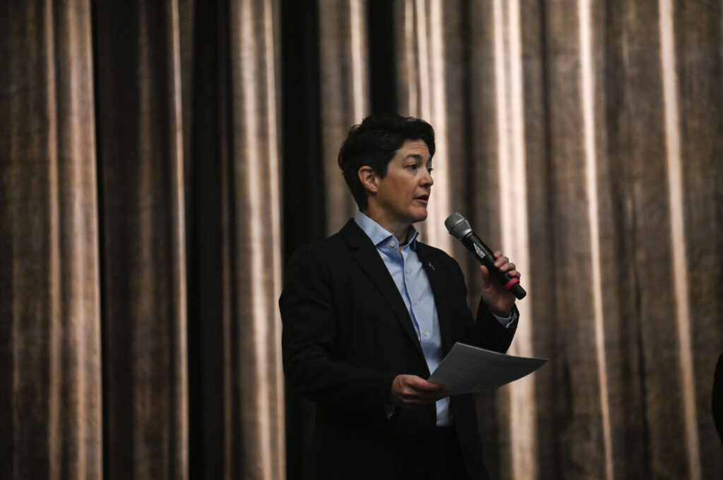Colorado Supreme Court Chief Justice Monica M. Márquez addresses an auditorium of students at East High School before oral arguments as part of Courts in the Community on Thursday, Oct. 23, 2025. (Stephen Swofford, The Denver Gazette)