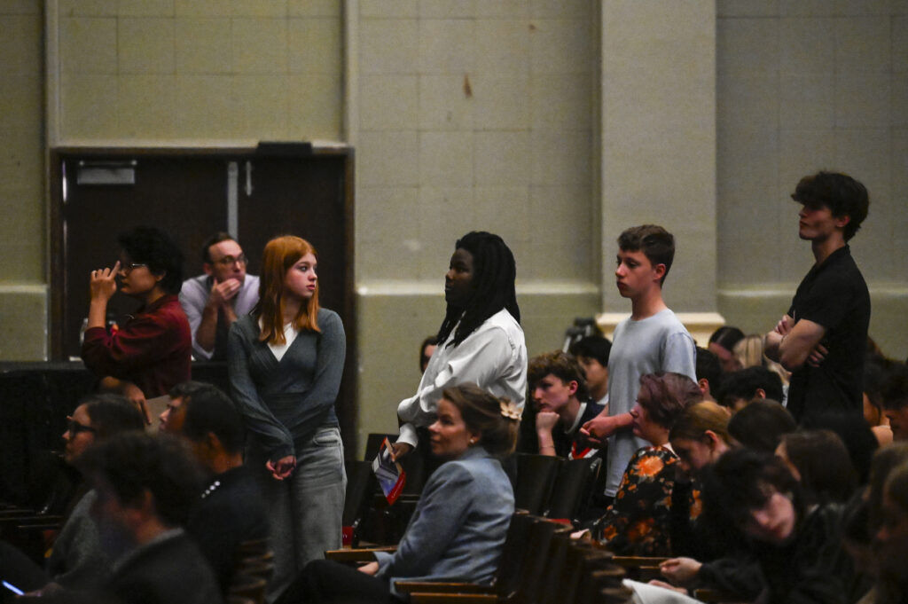 East High School students line up to asks questions of Colorado Supreme Court justices following arguments for cases in the auditorium as part of Courts in the Community on Thursday, Oct. 23, 2025. (Stephen Swofford, The Denver Gazette)