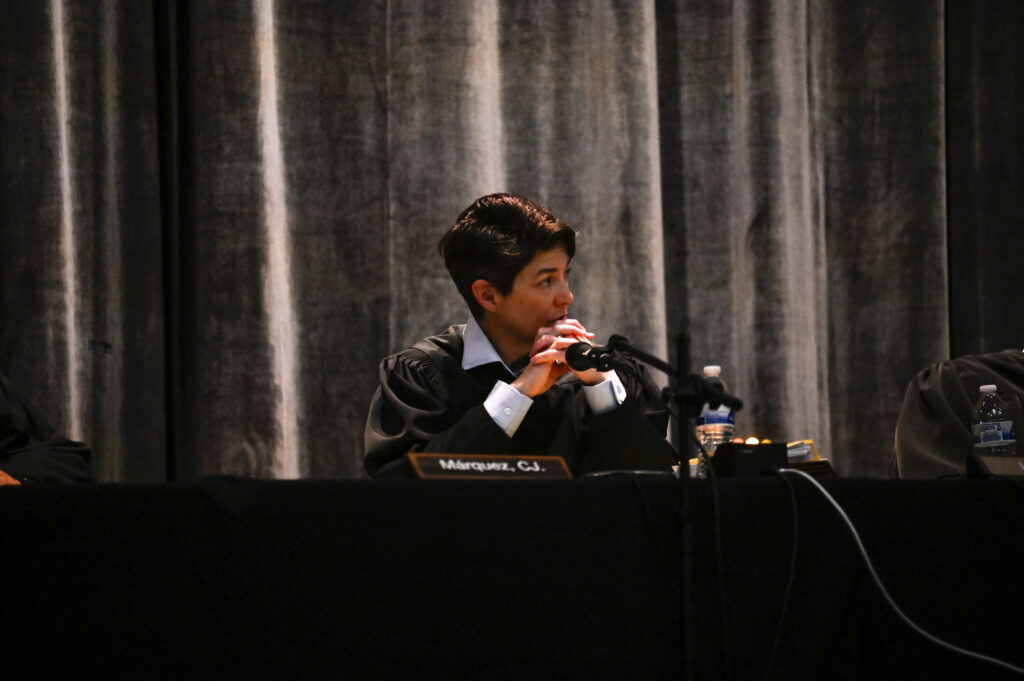 Colorado Supreme Court Chief Justice Monica M. Márquez asks a question during oral arguments at East High School for Courts in the Community on Thursday, Oct. 23, 2025. (Stephen Swofford, The Denver Gazette)
