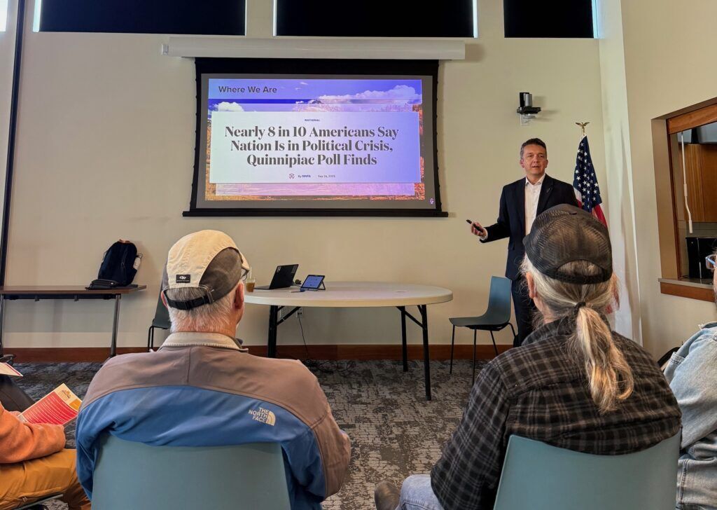 Landon Mascareñaz, founder and executive director of Courageous Colorado, speaks at one of the nonprofit's stops on a statewide tour on Tuesday, Oct. 14, 2025. (Photo by Jamie Engel, courtesy Courageous Colorado)