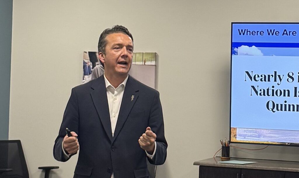 Landon Mascareñaz, founder and executive director of Courageous Colorado, speaks at one of the nonprofit's stops on a statewide tour on Tuesday, Oct. 14, 2025. (Photo by Jamie Engel, courtesy Courageous Colorado)