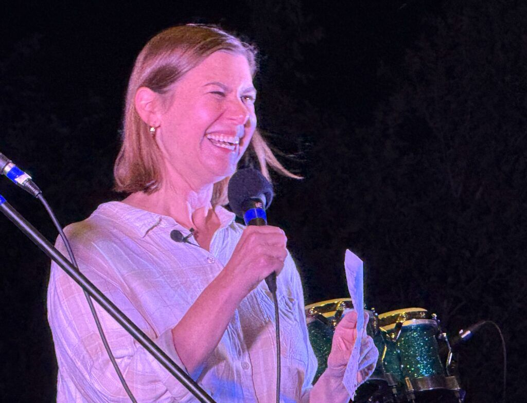 U.S. Sen. Elissa Slotkin, a Michigan Democrat, jokes about the differences between Coloradans and Michiganders at Crow Fest, an annual campaign fundraiser for U.S. Rep. Jason Crow, on Sept. 27, 2025, at Breckenridge Brewery in Littleton. (Ernest Luning/Colorado Politics)