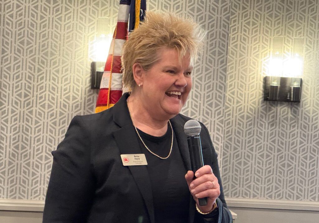 Colorado Republican Party Chairwoman Brita Horn speaks at a party fundraiser on Aug. 25, 2025, at Maggiano's Little Italy in Greenwood Village. (Ernest Luning/Colorado Politics)