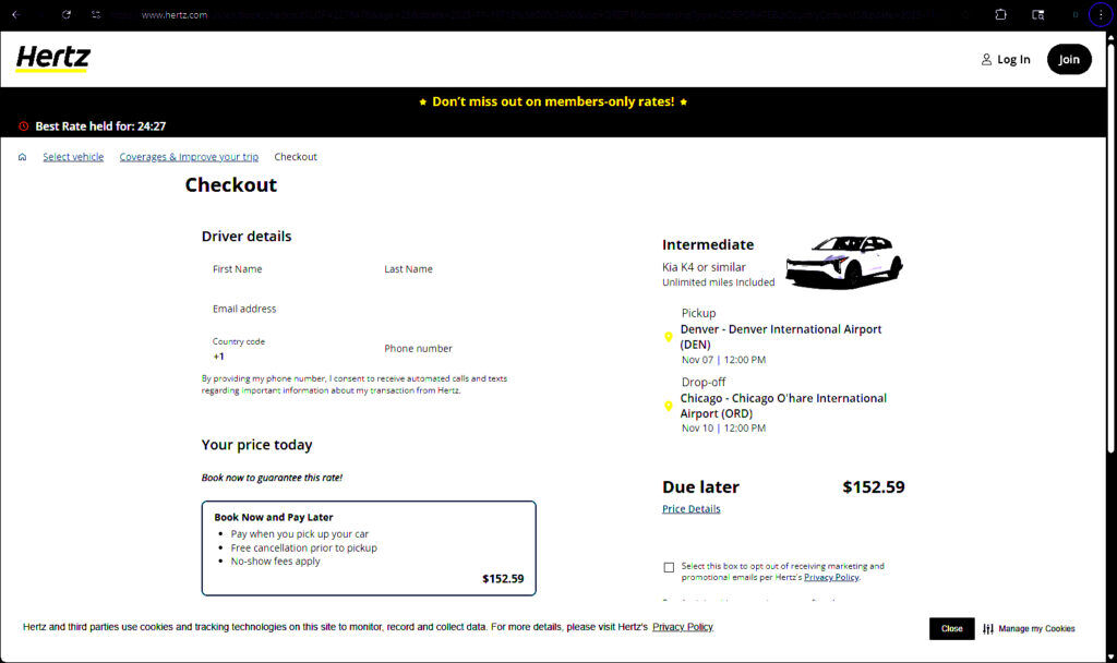 A screenshot from the Hertz rent-a-car website
