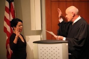 U.S. District Court Judge R. Brooke Jackson, right, swears in Colorado Court of Appeals Judge Terry Fox in January 2011. Courtesy of Marybell Trujillo of BelleImages 