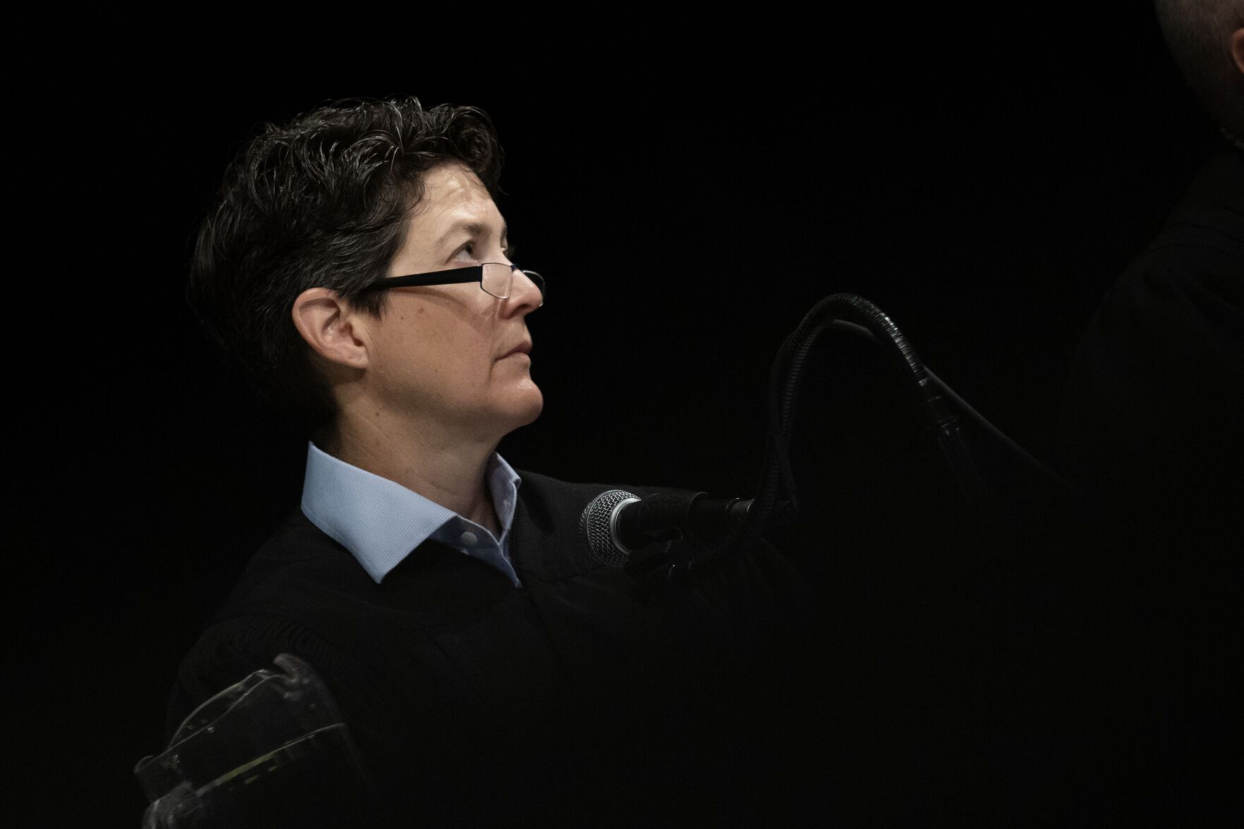 Colorado Supreme Court Justice Monica M. Márquez looks on during oral arguments at Courts in the Community on Thursday, Oct. 26, 2023, at Gateway High School in Aurora, Colo. (Timothy Hurst/Denver Gazette)