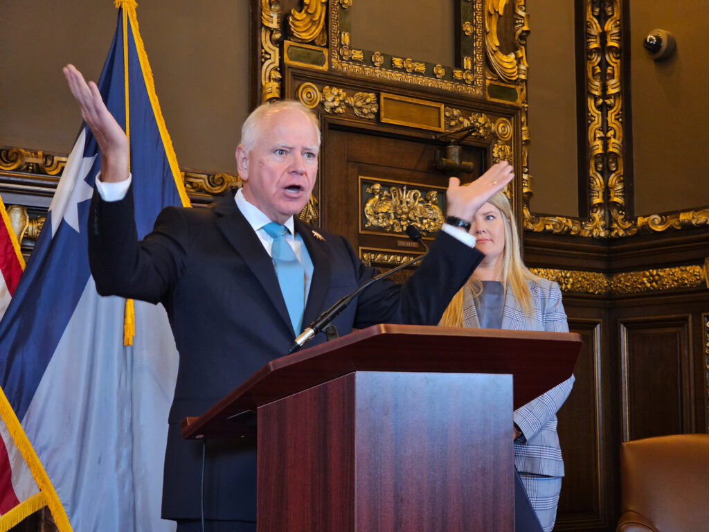 Minnesota Gov. Tim Walz expresses frustration with President Donald Trump and congressional Republicans over the federal government shutdown during a news conference at the State Capitol in St. Paul, Minn., Thursday, Oct. 2, 2025. (AP Photo/Steve Karnowski)