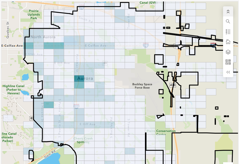 An Aurora Police Department crime map shows crime concentration year-to-date on Dec. 19, 2025. The darker blue squares represent higher crime. 