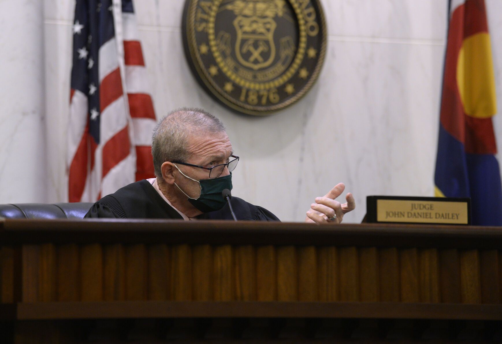 FILE PHOTO: Judge John Daniel Dailey speaks to attorneys appearing before the Colorado Court of Appeals in the Ralph L. Carr Colorado Judicial Center on Oct. 26, 2021, in Denver.