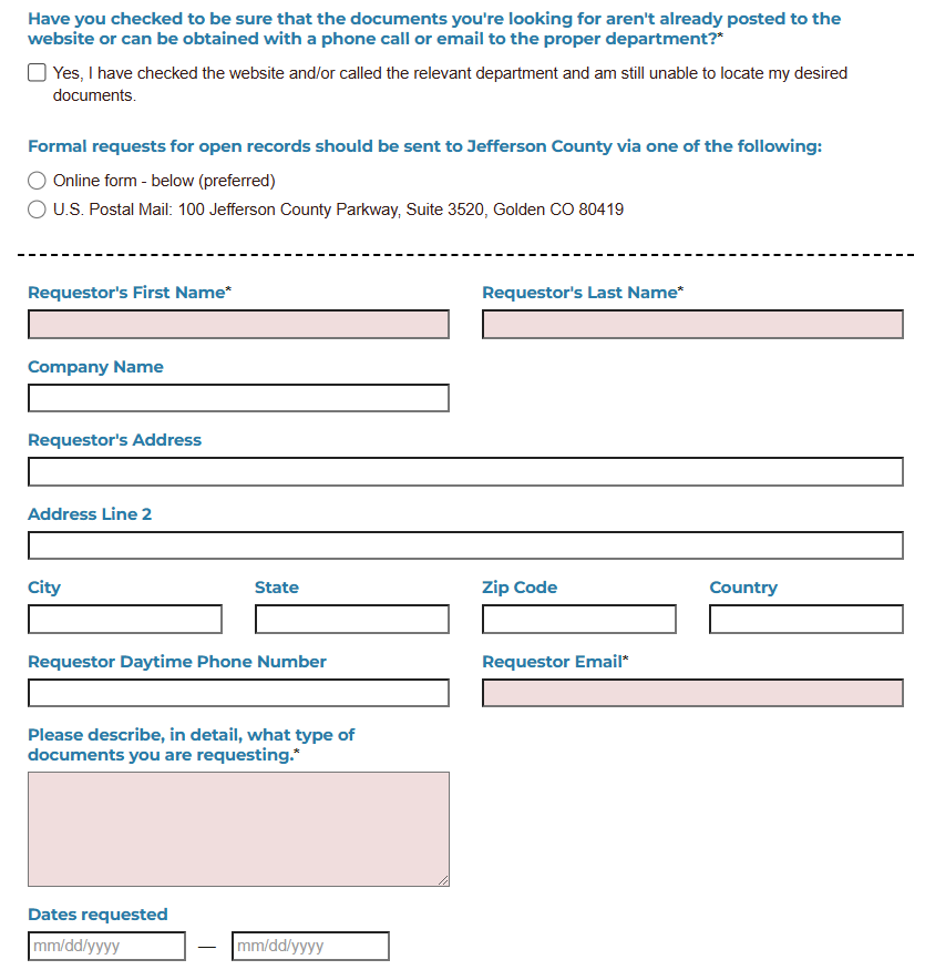 The public records request form on Jefferson County's website. (Luige Del Puerto
luige.delpuerto@gazette.com)