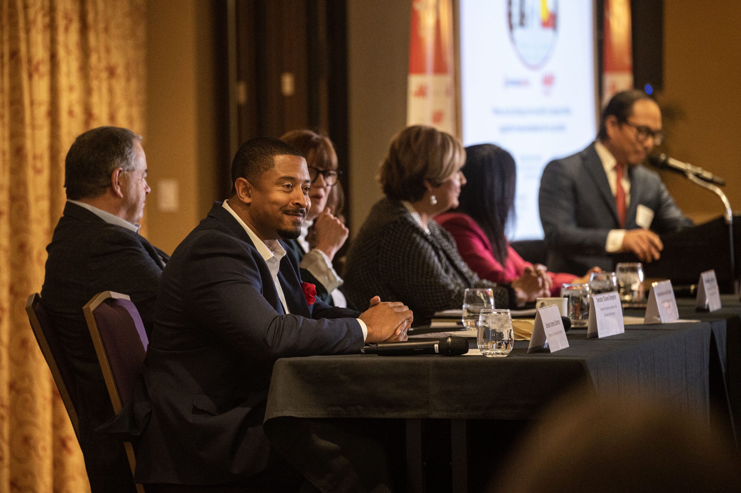 Colorado Legislators, from left, Sen. James Coleman, D-Denver, Senator Cleave Simpson, R-District 6, Representative Julie McClusky, D-Summit County, Representative Monica Duran, D-Jefferson County, and Representative Rose Pugliese, R-Colorado Springs, discuss issues during a Legislative Forum in Denver on Wednesday, Dec. 4, 2024. (Stephen Swofford, Denver Gazette) (Stephen Swofford/ Denver Gazette)