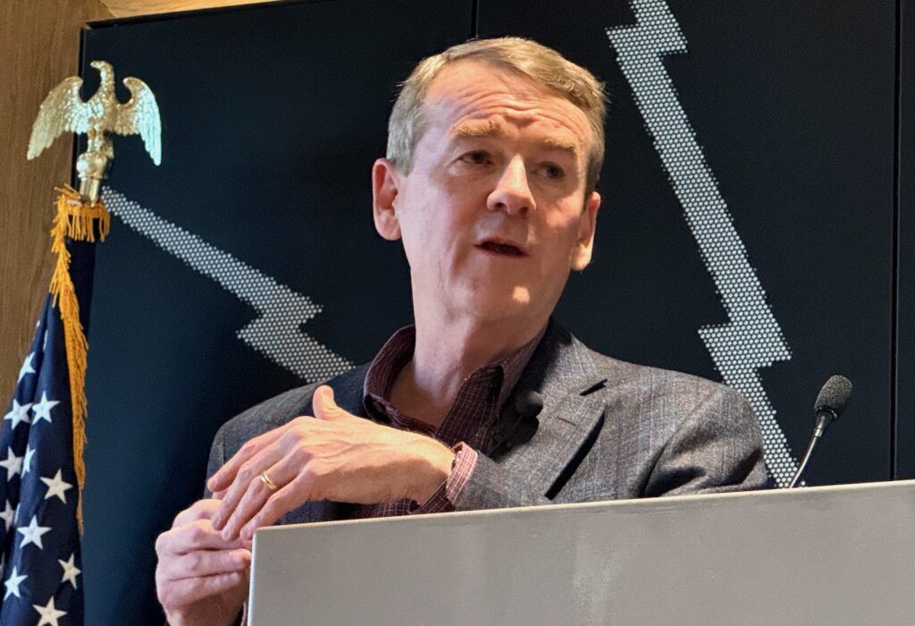 Democratic gubernatorial candidate U.S. Sen. Michael Bennet speaks at a candidate forum with Attorney General Phil Weiser sponsored by the Colorado Young Democrats on Saturday, Jan. 10, 2026, at the International Brotherhood of Electrical Workers Local 68 hall in Denver. (Ernest Luning/Colorado Politics)