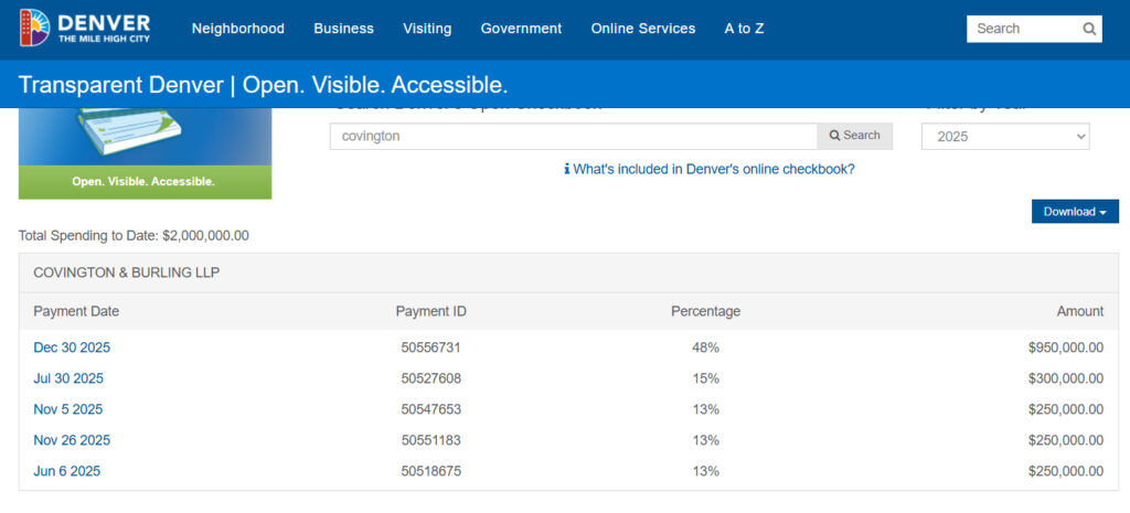 payment log from the city of denver showing payments made by the city to a law firm in Washington, D.C.