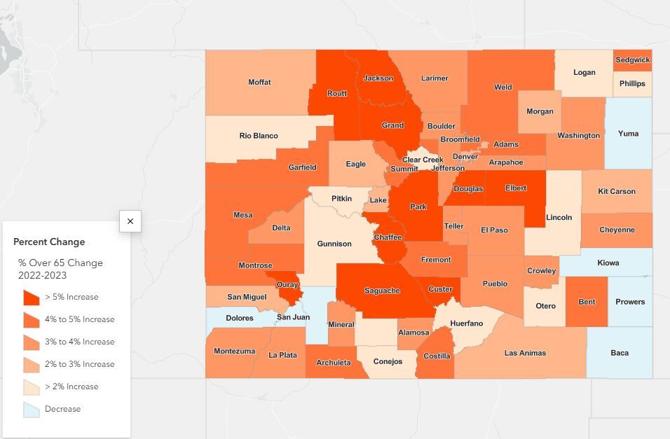Aging population by county in Colorado. (Colorado state demographer)