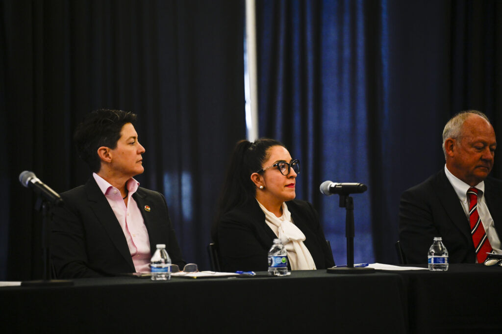 (From left) Colorado Supreme Court Chief Justice Monica Márquez, Eighth Judicial District Chief Judge Susan Blanco, and U.S. Court of Appeals for the 10th Circuit Judge Timothy M. Tymkovich sit on the dais during a panel discussion on the rule of law beyond politics at the Sturm College of Law in Denver on Wednesday, Oct. 29, 2025. Stephen Swofford, Denver Gazette.
