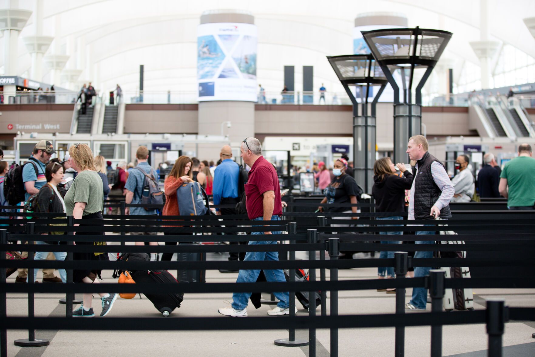 aerial view of security line at airport