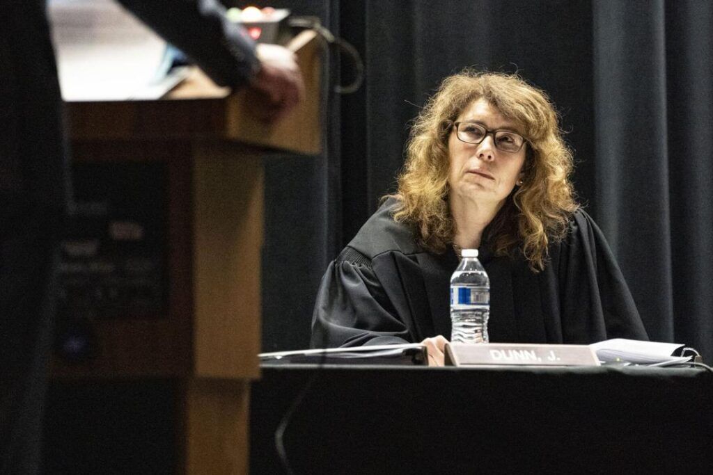 Colorado Court of Appeals Judge Stephanie Dunn listens during the case of People v. Dooley at Fort Lupton High School on Tuesday, April 2, 2024 in Fort Lupton, Colorado. The Colorado Court of Appeals and Supreme Court hold "Courts in the Community" events for students to learn about the justice system and hear real cases. Rebecca Slezak, Denver Gazette.