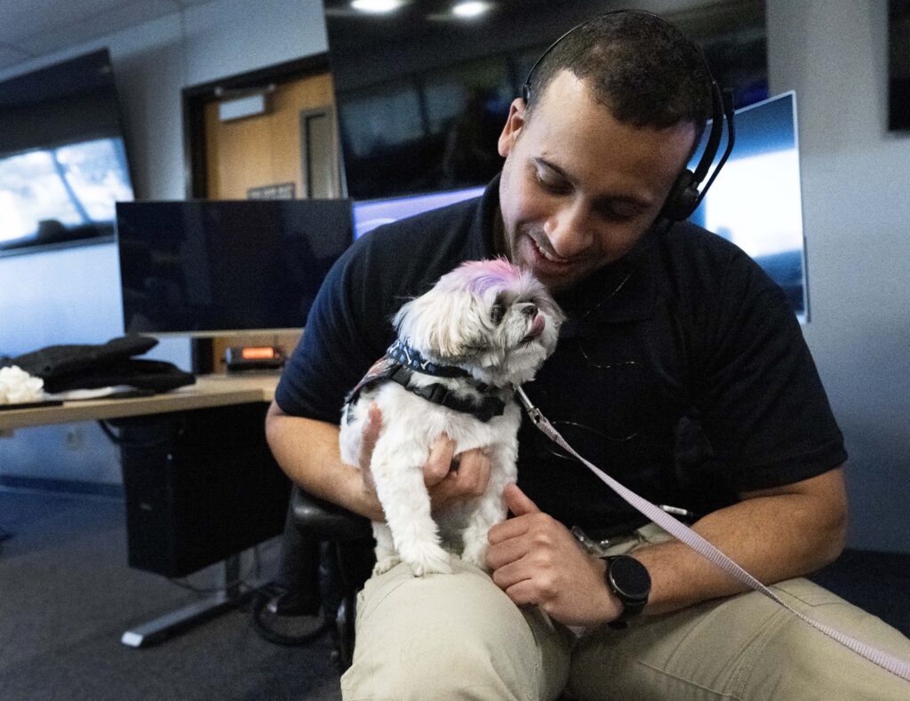 Maya, a shih tzu/poodle mix, sits on police officer Kentrell Jacobs' lap as the members of the Go Team Therapy Dogs visit the Colorado Springs Police Operation Center on Friday, Jan. 29, 2026. (The Gazette, Christian Murdock)