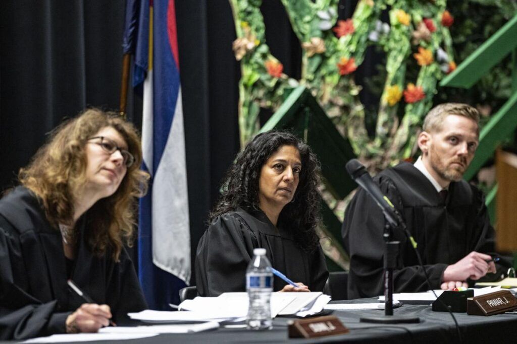 Colorado Court of Appeals Judges Stephanie Dunn, Neeti V. Pawar and Grant T. Sullivan listen to the case of People v. Dooley at Fort Lupton High School on Tuesday, April 2, 2024 in Fort Lupton, Colorado. The Colorado Court of Appeals and Supreme Court hold "Courts in the Community" events for students to learn about the justice system and hear real cases. (Rebecca Slezak/The Denver Gazette)