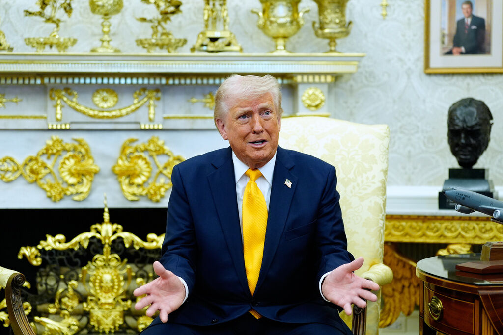 President Donald Trump speaks during a meeting with Japan's Prime Minister Sanae Takaichi in the Oval Office of the White House, Thursday, March 19, 2026, in Washington. (AP Photo/Alex Brandon)
