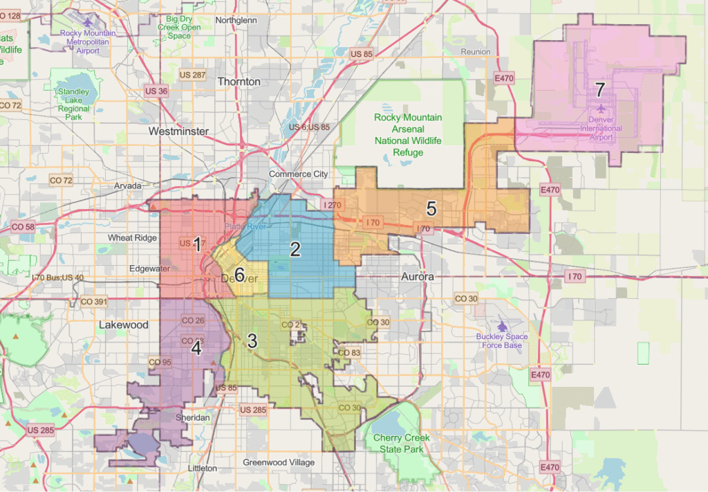 A map of the seven Denver Police Districts overlayed over the city