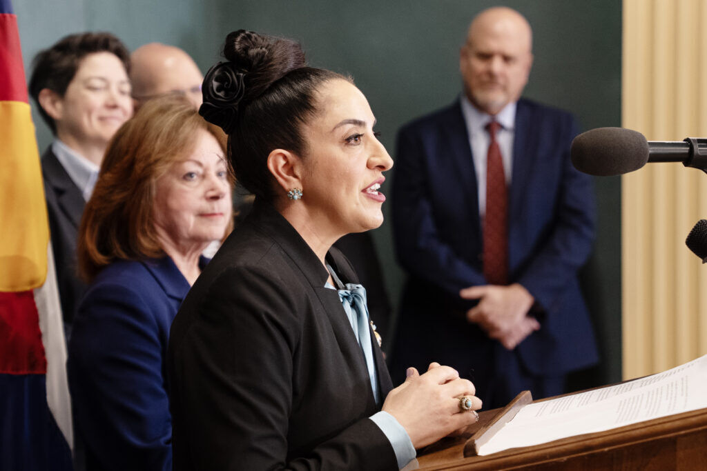 Chief Judge Susan Blanco speaks to the press after being introduced as Colorado's newest Supreme Court justice from the Governor's capitol office on Tuesday, Feb. 17, 2025. (Tom Hellauer/Denver Gazette)