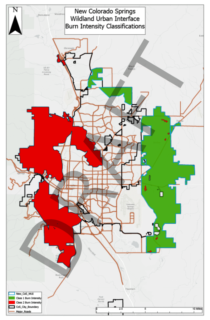 A draft map of Colorado Springs showing two large areas of higher fire risk.