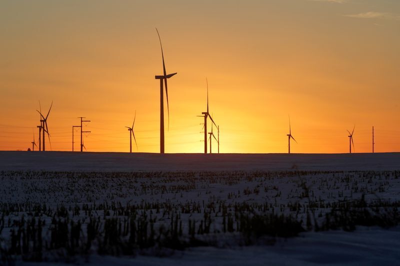 FILE PHOTO: A wind farm shares space with corn fields the day before the Iowa caucuses, where agriculture and clean energy are key issues, in Latimer, Iowa, U.S. February 2, 2020. REUTERS/Jonathan Ernst/File Photo