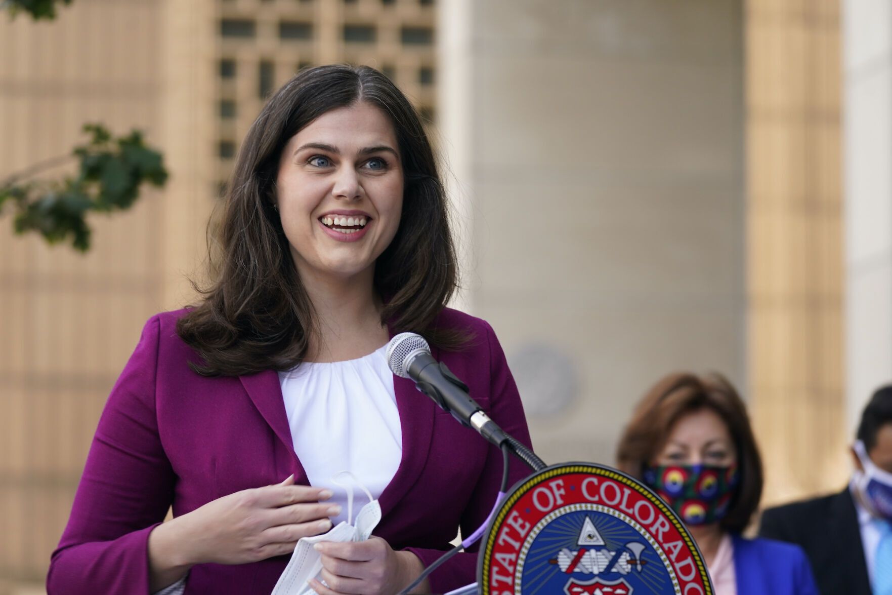 Colorado Secretary of State Jena Griswold speaks during an Oct. 15, 2021, news conference in downtown Denver about the state’s efforts to protect the process of casting a vote in the general election. (AP Photo/David Zalubowski)