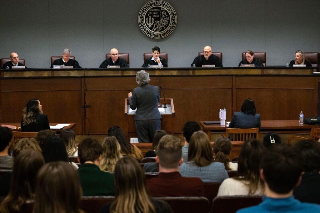 The Colorado Supreme Court hears a rebuttal from First Assistant Attorney General Wendy J. Ritz during arguments for People v. Rodriguez-Morelos as part of Courts in the Community at the Wolf Law building at University of Colorado Boulder on Oct. 24, 2024. The semi-annual event entails the Colorado Supreme Court hearing arguments before an audience of students throughout the state. Stephen Swofford, The Gazette.