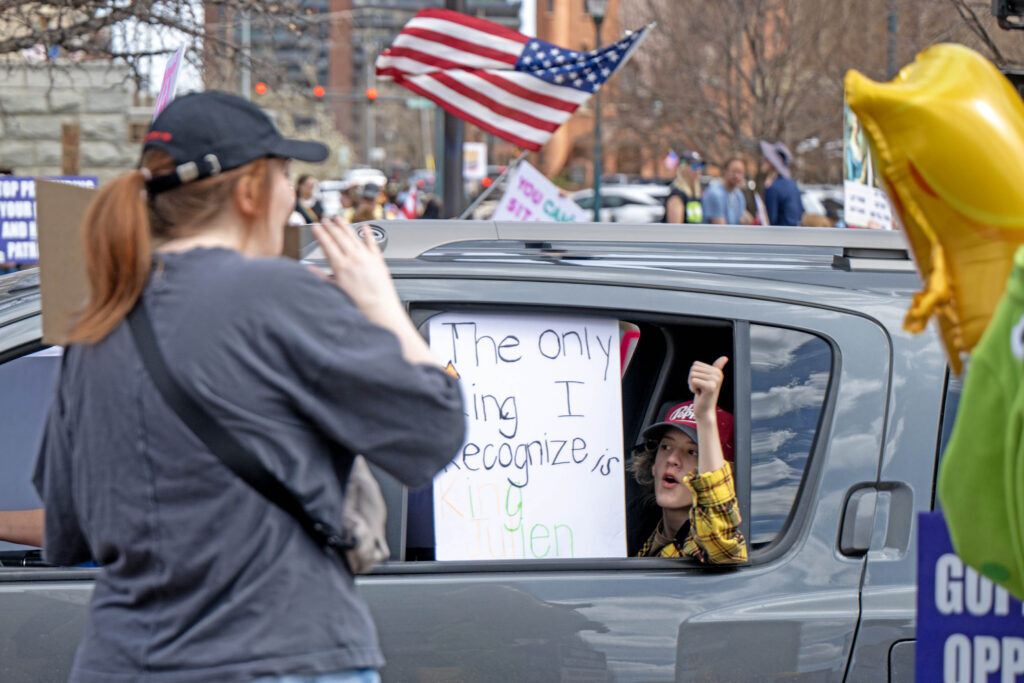 Traffic shows their support for the No Kings rally on Nevada Avenue in Colorado Springs on Saturday, March 28, 2026.  (The Gazette, Michael G. Seamans)