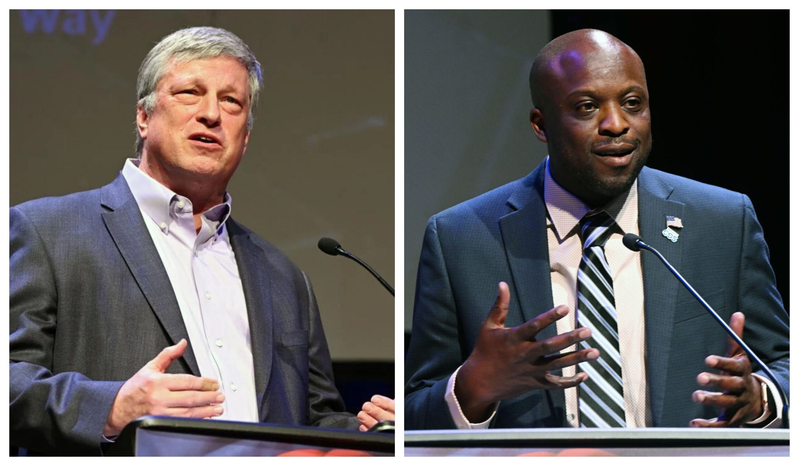 Wayne Williams and Yemi Mobolade standing at debate podiums