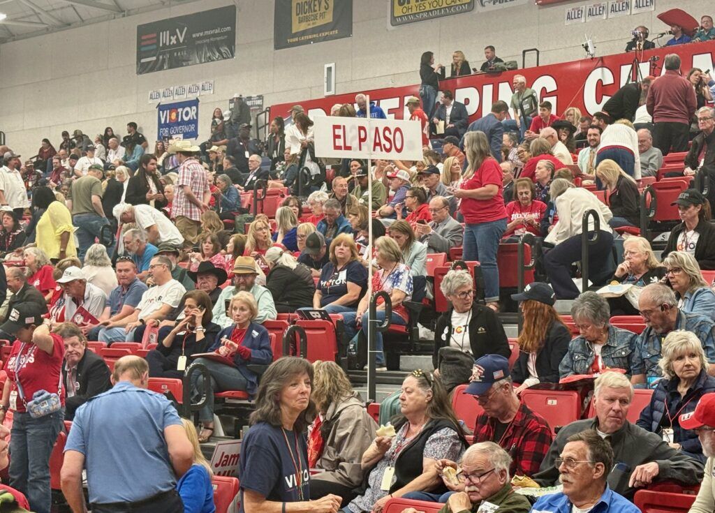 El Paso County delegates fill the stands at the Colorado GOP's state assembly on Saturday, April 11, 2026, at Massari Arena on the Colorado State University Pueblo campus in Pueblo. (Ernest Luning/Colorado Politics)