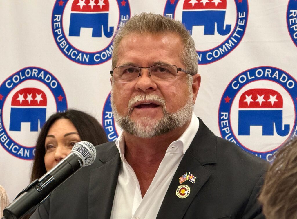 Republican gubernatorial candidate Victor Marx speaks at the Colorado GOP's state assembly on Saturday, April 11, 2026, at Massari Arena on the Colorado State University Pueblo campus in Pueblo. (Ernest Luning/Colorado Politics)